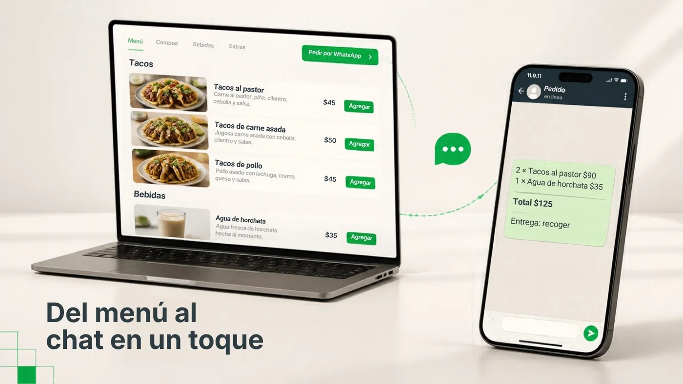 Una web de taquería con botón de pedir por WhatsApp y el pedido llegando al chat