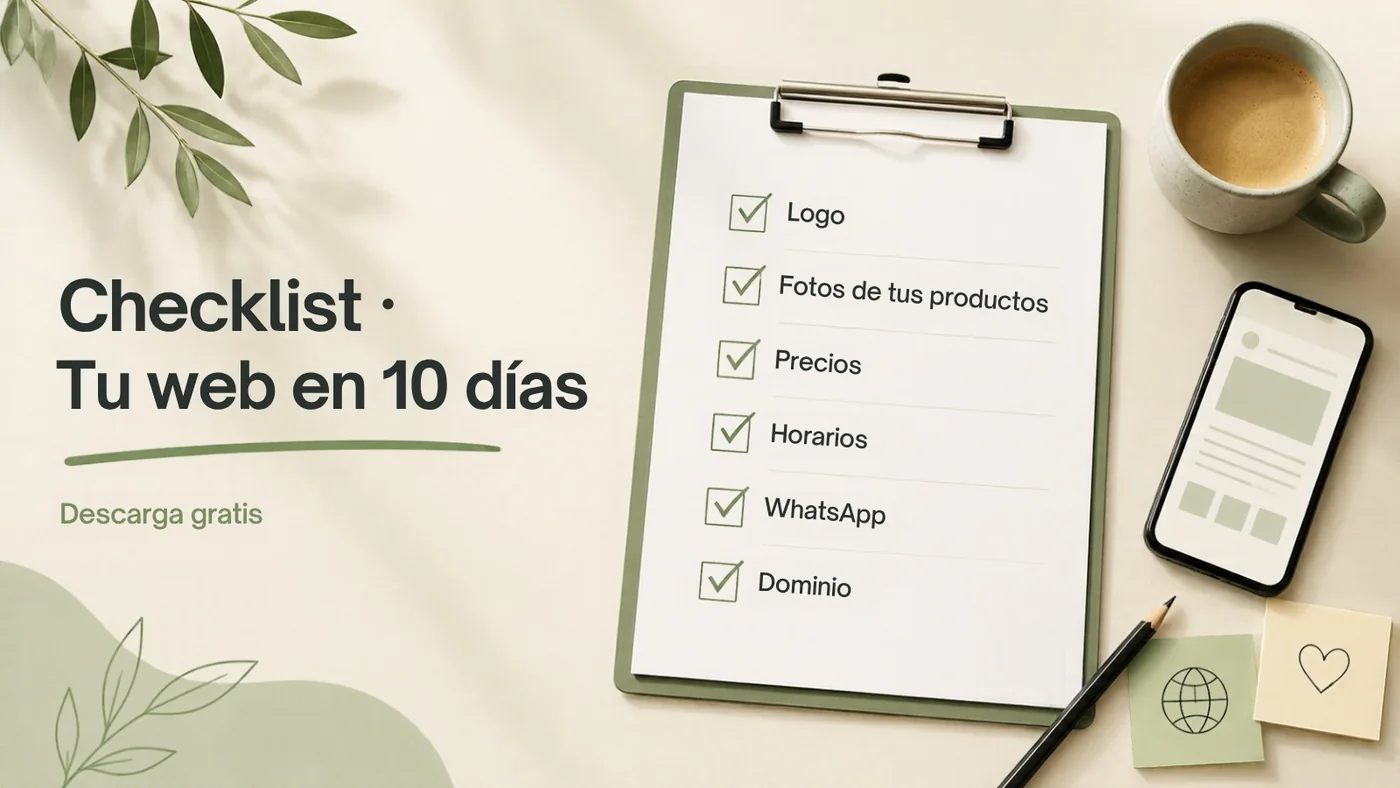 Checklist con logo, fotos, precios, horarios, WhatsApp y dominio